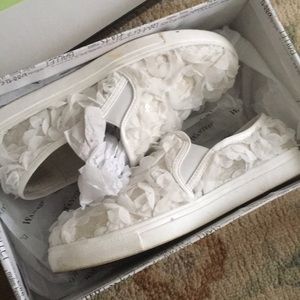 Flower frilled slip ons